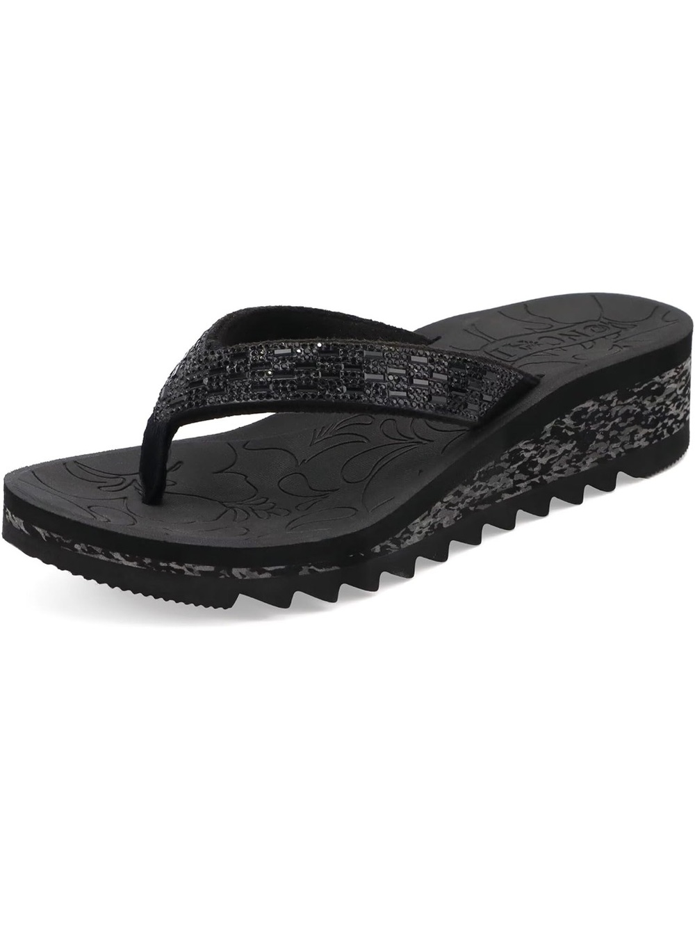 Oncai Black Wedge Rhinestone Flip Flop Sandals